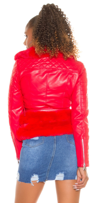 Faux Leather Biker Jacket with Faux Fur Red